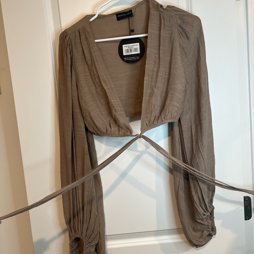 Cropped wrap top with long balloon sleeves